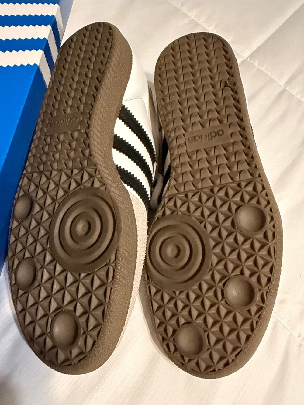 adidas White Sneakers with Black Stripes and Beige Accents
